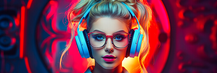 A young woman in braids and glasses and headphones on her head. AI generative.