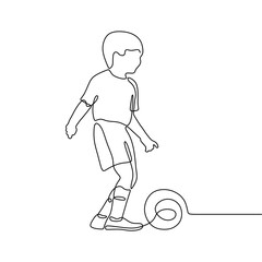 Single continuous line art of a child playing football