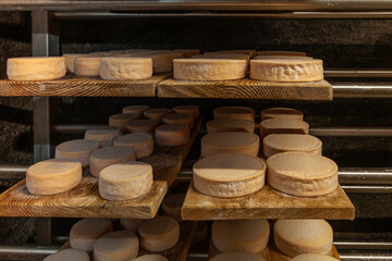 Planches avec des tommes de vaches dans la cave de l'alpage de Mandelon