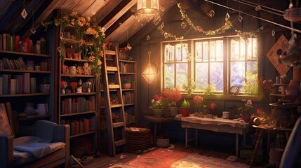 Fototapeta premium Classic room with lovely vintage style, cute lights, homely interior. Generative AI Technology 