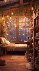 Classic room with lovely vintage style, cute lights, homely interior. Generative AI Technology 