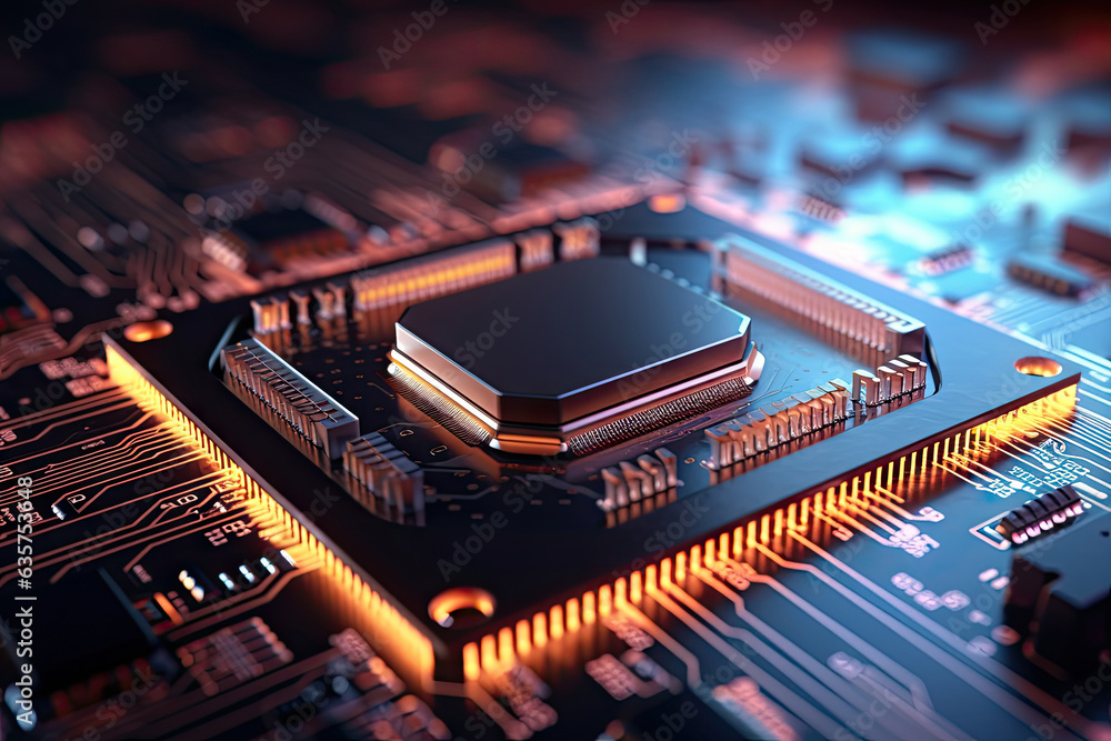 Poster central computer processors cpu on motherboard, technology background, chip on board, digital comput