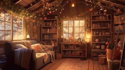 Classic room with lovely vintage style, cute lights, homely interior. Generative AI Technology 