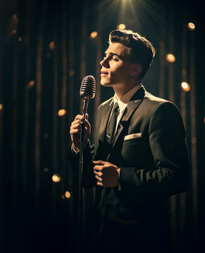 Singer or Crooner on a stage holding a microphone while singing a song. Spotlights create a special atmosphere at the concert. Shallow field of view.