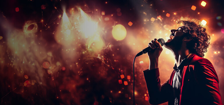 Male Singer on a stage holding a microphone while singing a song. Spotlights create a special atmosphere at the concert. Shallow field of view.