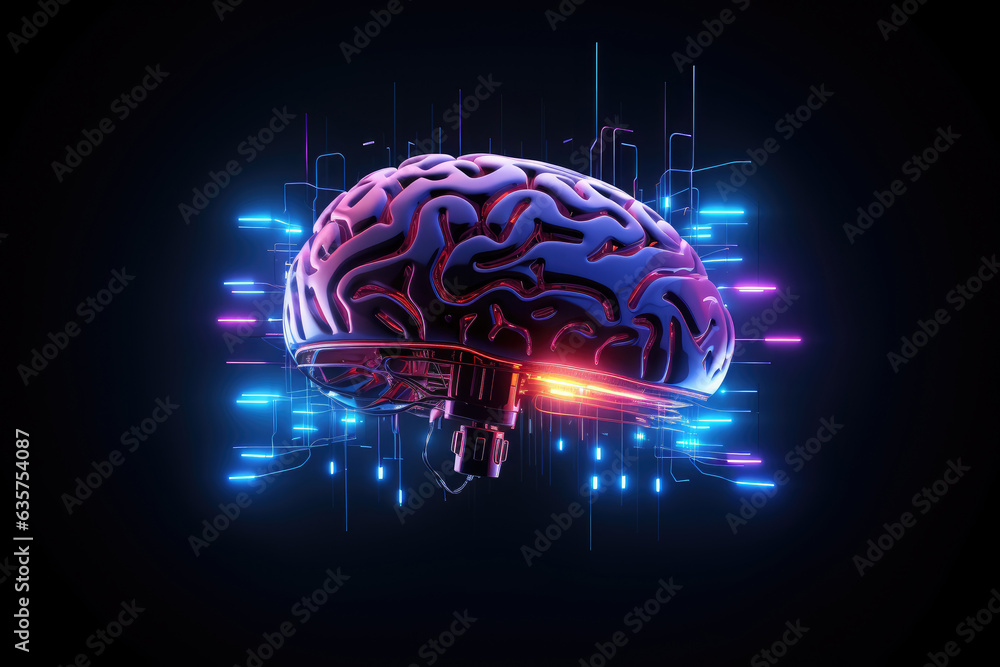 Poster digital ai electronic brain made from metallic with neon light, neural data storage machine, artific