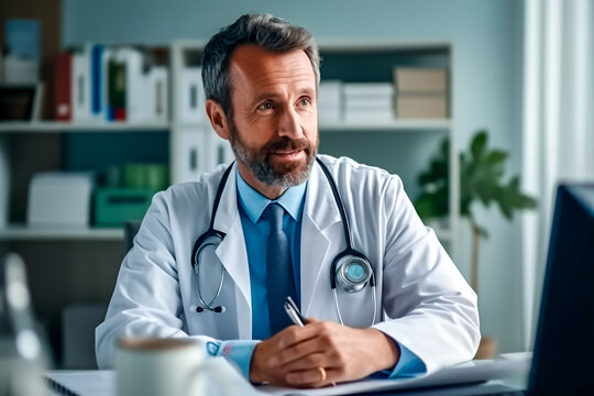 M&eacute;decin assis &agrave; son bureau dans son cabinet de consultation m&eacute;dicale - G&eacute;n&eacute;rative IA