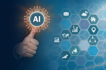 Businessman holding AI or artificial intelligence It is controlled and built for chatbots smart robot ai