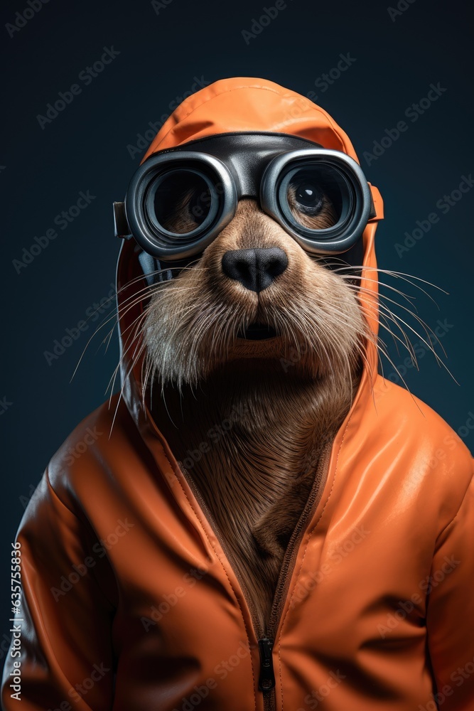 Poster a close up of a cat wearing a jacket and goggles. generative ai.