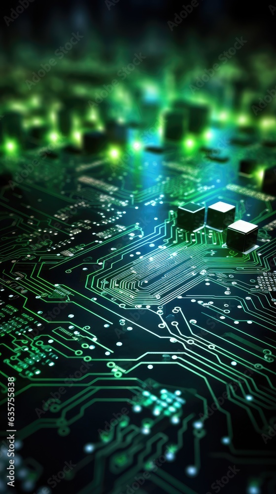 Poster a close up of a circuit board with green lights. generative ai.
