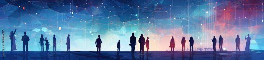 Poster a group of people standing in front of a colorful background. generative ai.