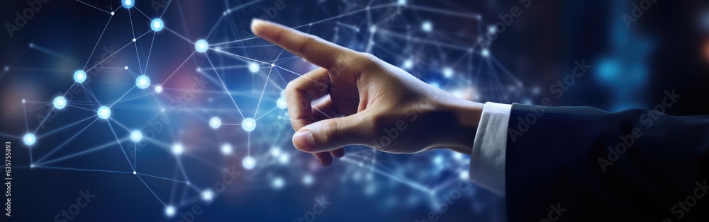 Poster a hand pointing at a network of dots. generative ai.