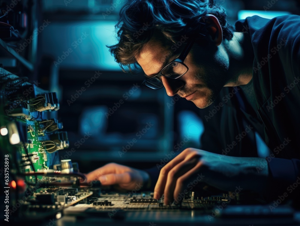 Poster a man working on a computer in a dark room. generative ai.