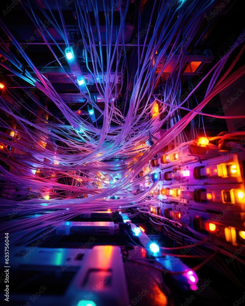 Poster a bunch of wires that are connected to a computer. generative ai.
