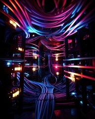 Obraz premium A room filled with lots of wires and lights. Generative AI.