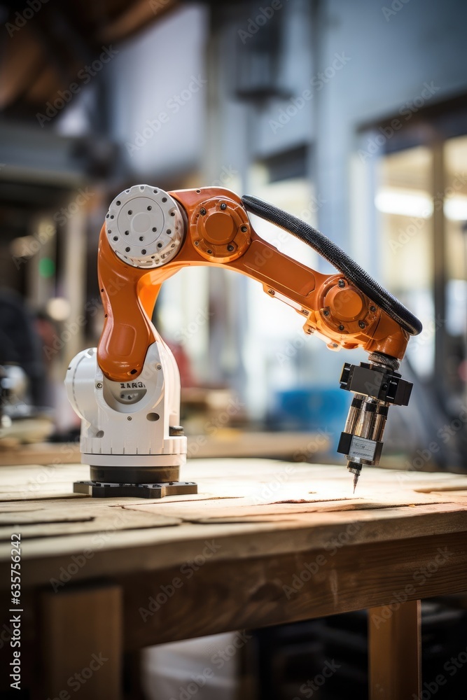 Poster a robotic arm that is sitting on a table. generative ai.