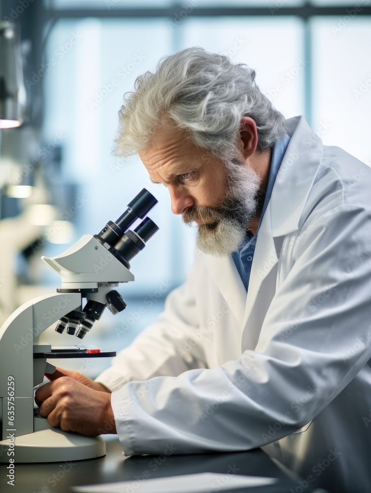 Poster a man in a lab coat looking through a microscope. generative ai.