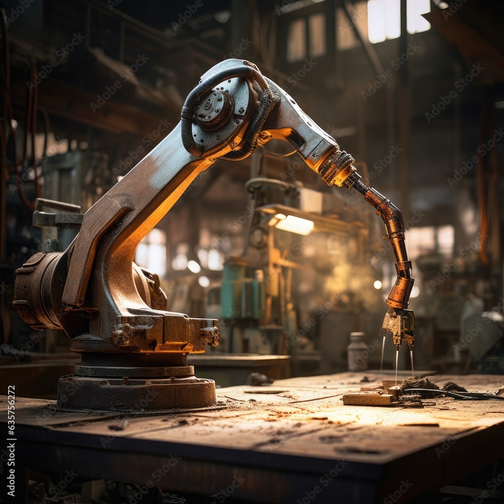 Poster a robotic arm is on a table in a factory. generative ai.