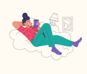 Happy woman listening to relaxing music. Girl enjoying calm songs records in headphones. Person among sky and clouds with lounge tunes, sounds.Flat vector illustration isolated background