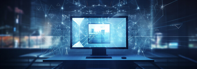 banner laptop computer with glowing blue digital line network structure. Technology and network concept. Double exposure. - obrazy, fototapety, plakaty