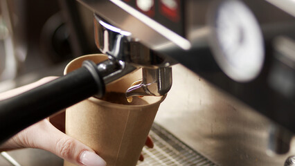 Preparing espresso on a coffee machine in a specialized coffee shop