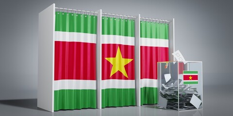 Suriname - voting booths with country flag and ballot box - 3D illustration