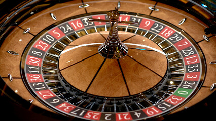 Roulette table in a casino, with many games and slots, roulette wheel in the foreground. Golden and...