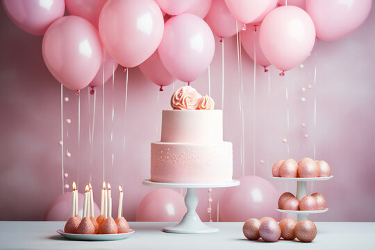 Pink birthday cake with sweets, candles and ornaments