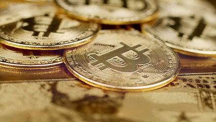 Gold coins bitcoin, close-up. The concept of virtual cryptocurrency.