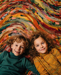 Children are lying down on a colorful rug