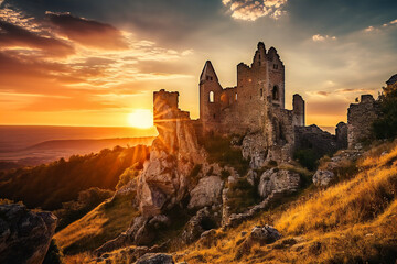 Ruined ancient castle in sunset, on the top of the hill, with sun behind