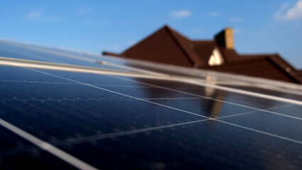 Close-up of solar power plant eco technology. Landscape of solar panels at a photovoltaic power...