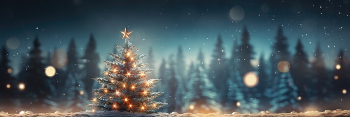 Christmas Tree With Baubles And Blurred Shiny Lights banner with text space