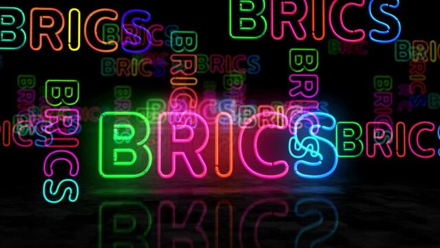 BRICS neon glowing symbol. Light color bulbs. International politics organization abstract concept 3d animation.