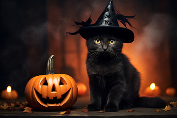 Black cat with a witch hat and pumkin. Halloween concept. Generative Ai