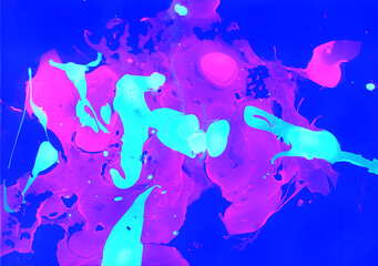 Abstract bright chaotic blue and pink spots on a blue background. Marble effects and blur. Neon.