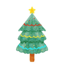 Hand drawn watercolor Christmas tree decorated