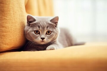 Modern living room interior Cute cat near couch Generative AI.