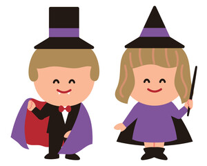 ドラキュラと魔女の仮装をする子供のイラスト(笑顔)