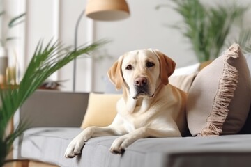 Modern living room interior Cute Golden Labrador Retriever near couch Generative AI. - obrazy, fototapety, plakaty