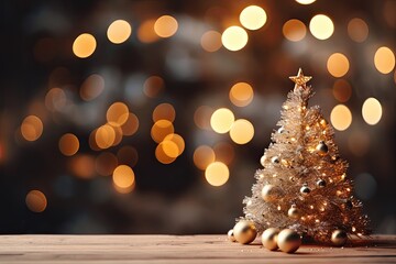 Christmas Tree With Baubles And Blurred Shiny Lights banner with text space