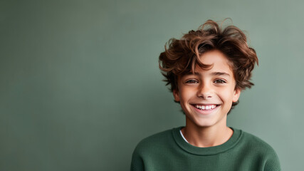 Italian pre-teen boy, brown curls, green theme