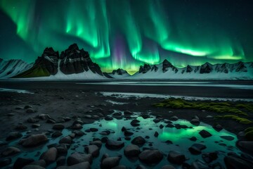 Amazing view of green aurora borealis shining in night sky over snowy mountain ridge with black sand stockness beach and vestrahorn mountain in background in iceland    3d rendering 
