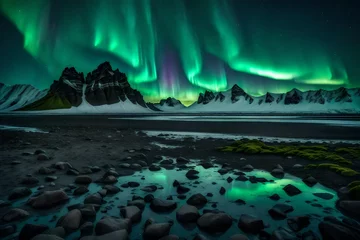 Photo sur Plexiglas Aurores boréales Amazing view of green aurora borealis shining in night sky over snowy mountain ridge with black sand stockness beach and vestrahorn mountain in background in iceland    3d rendering 