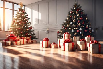 Beautiful Christmas gift boxes on floor near fir tree in room 3d rendering