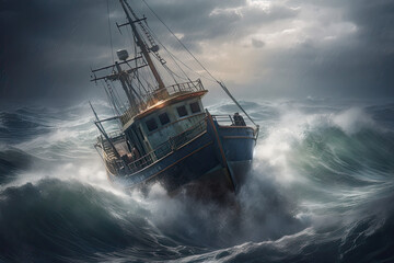 Obraz premium In the Eye of the Storm: A Thrilling Generative AI Illustration of a Fishing Vessel Sailing Rough Seas