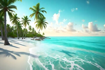 Beach with beautiful coastline. Palm trees and caribbean sea. Color water is turquoise, white sand and green palm trees. Little foaming waves. East National Park isla Saona, Dominican Republic 3d 