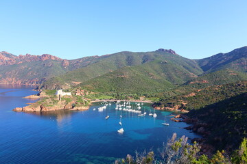 Girolata bay in natural reserve of Scandola. It cannot be reached by car, only by walking or boats . Location: Gulf of Girolata, Corse du Sud, Corsica, France