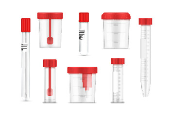 Medical containers assembling human biomaterial transparent plastic can red cap set realistic vector - obrazy, fototapety, plakaty