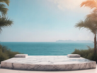 white marble podium with ocean sky background created with Generative AI technology